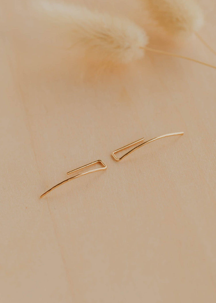 Two gold earrings on a beige background