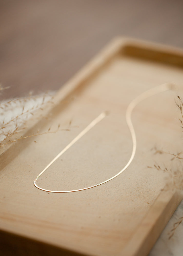 Delicate gold necklace in Herra chain style by Hello Adorn laying flat on a jewelry tray.