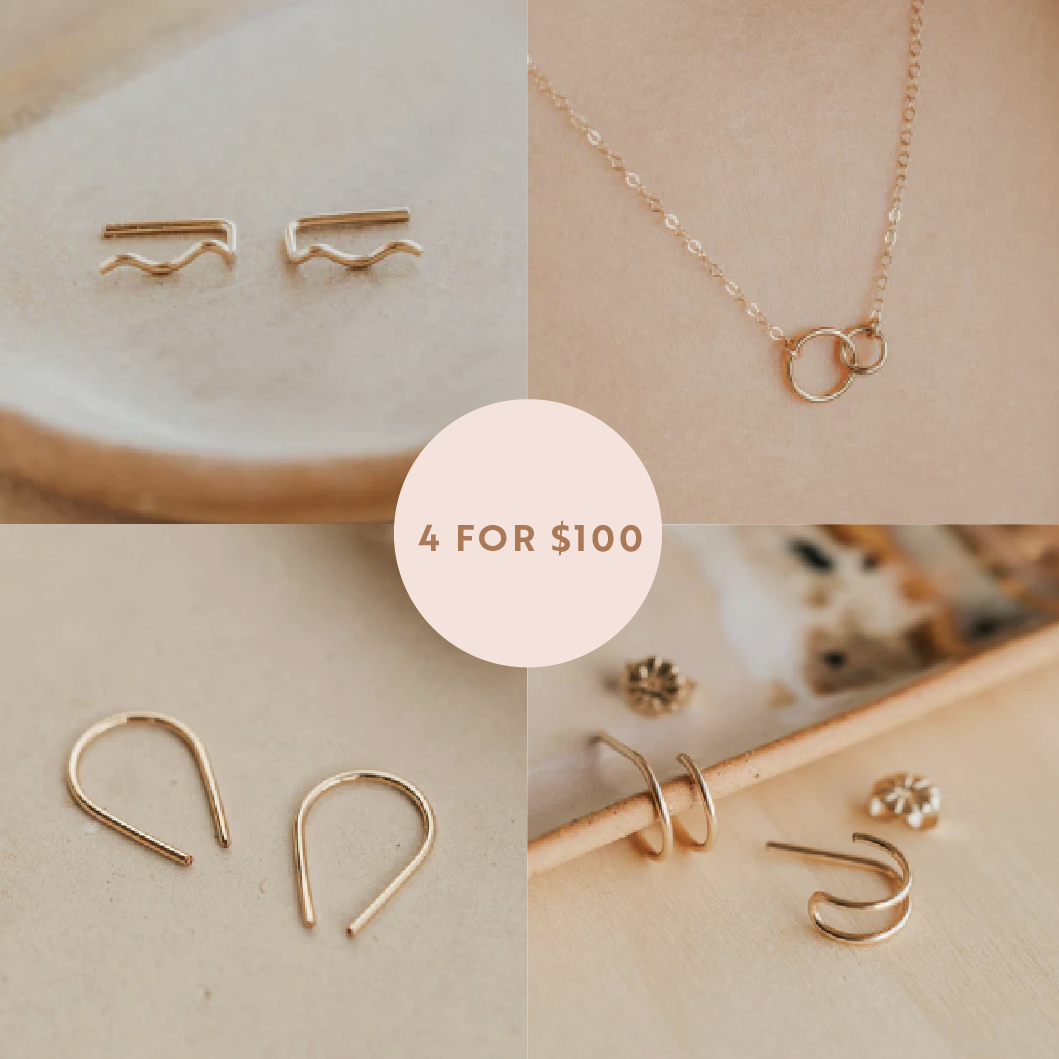 Collage of gold jewelry including earrings and a necklace on a neutral background.