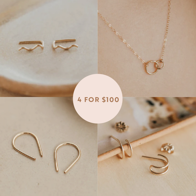 Collage of gold jewelry including earrings and a necklace on a neutral background.
