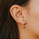Close-up of an ear with gold and green earrings against a blurred background