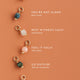 Set of Hello Adorn gemstone charms on a peach background with motivational mental health necklace phrases.