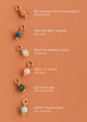 Set of Hello Adorn gemstone charms on a peach background with motivational mental health necklace phrases.