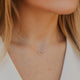 Close-up of a person wearing a delicate necklace with a small circular pendant.