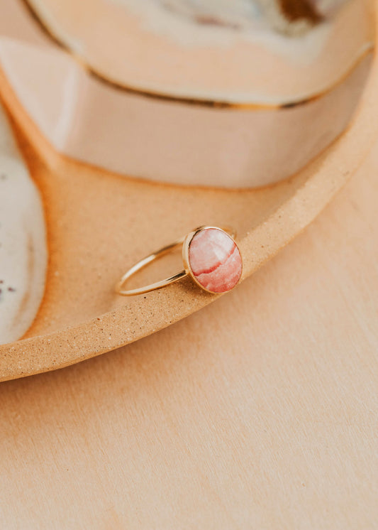 14K Gold Fill Rosalie Ring by Hello Adorn - oval pink stone in gold bezel setting on ceramic dish