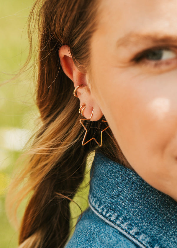 Hello Adorn Star Threader Earrings styled on a model for everyday wear.