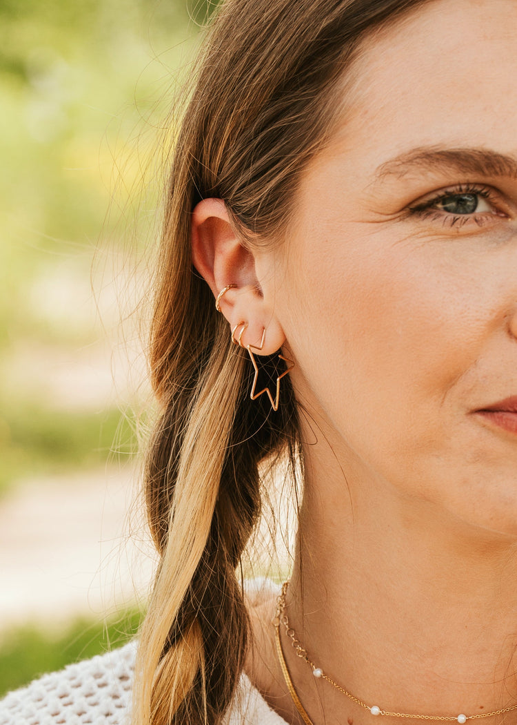 Hello Adorn Star Threader Earrings styled on a model for everyday wear.