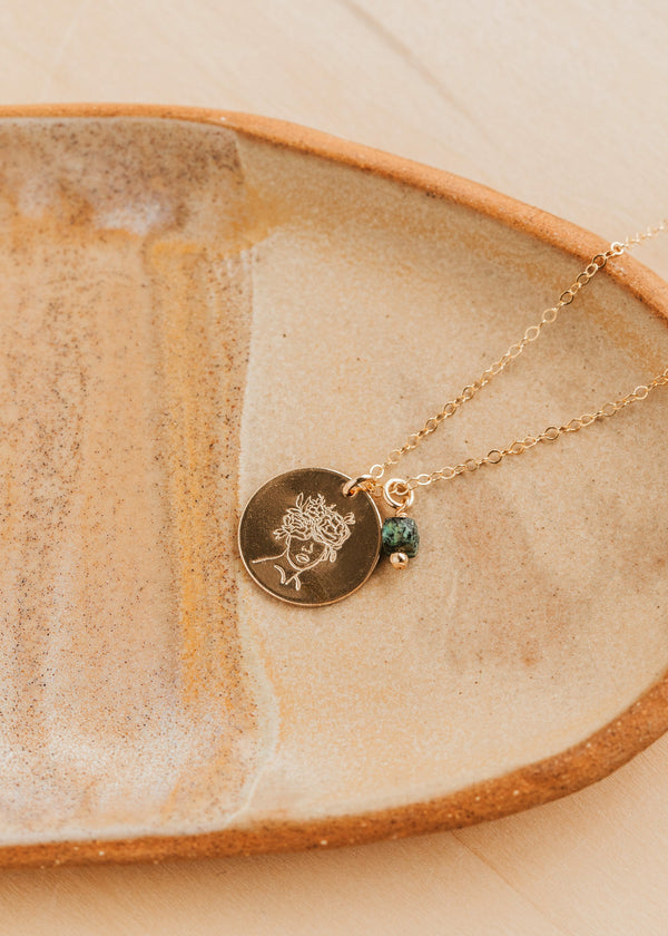 Gold Hello Adorn Mental Health necklace with circular pendants and meaning charms