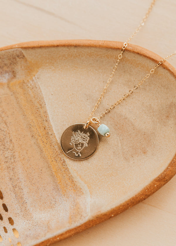 Gold Hello Adorn Mental Health necklace with circular pendants and meaning charms