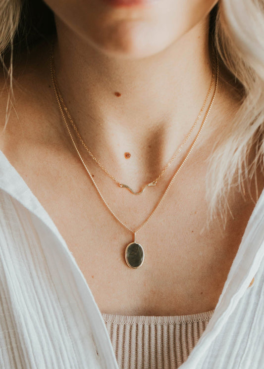 Close-up of a person wearing a necklace with a pendant, dressed in a white shirt.