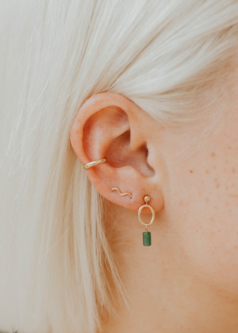 14k gold fill Tiny Wave Ear Climber earring in second lobe piercing styled with green gemstone drop hoop and ear cuff by Hello Adorn